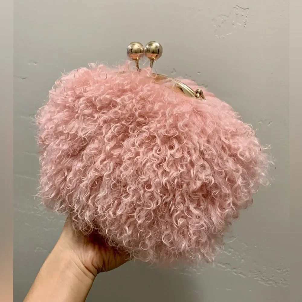 Handmade Genuine Curly Shearling Kisslock Wristlet/Shoulder Bag/Crossbody